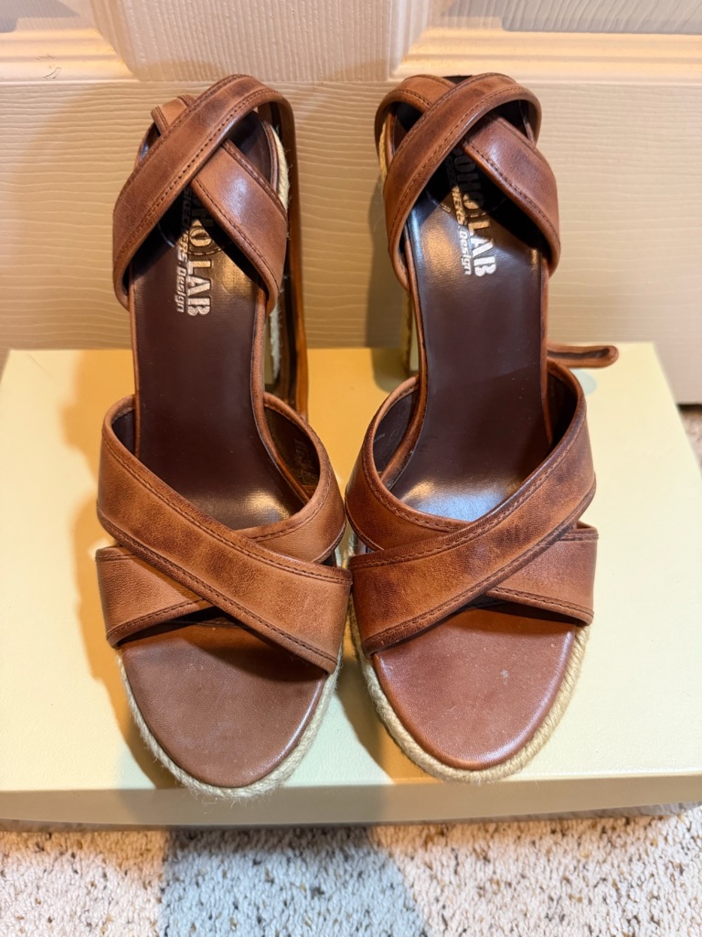 Womens Brown Leather Cross-Strap Wedge Sandals